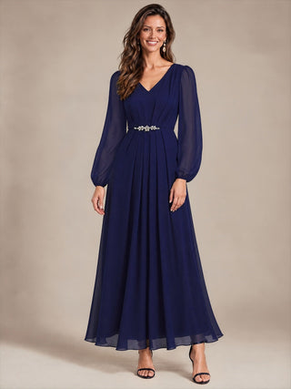 Pleating Chiffon Puff Sleeve Mother of the Bride Dress