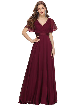Commercial Short Sleeve Ruffle V-Neck Pleated A-Line Floor Length Bridesmaid Dresses
