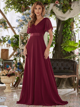 Commercial Short Sleeve Ruffle V-Neck Pleated A-Line Floor Length Bridesmaid Dresses