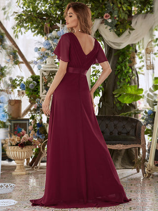 Commercial Short Sleeve Ruffle V-Neck Pleated A-Line Floor Length Bridesmaid Dresses