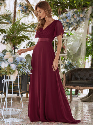 Commercial Short Sleeve Ruffle V-Neck Pleated A-Line Floor Length Bridesmaid Dresses