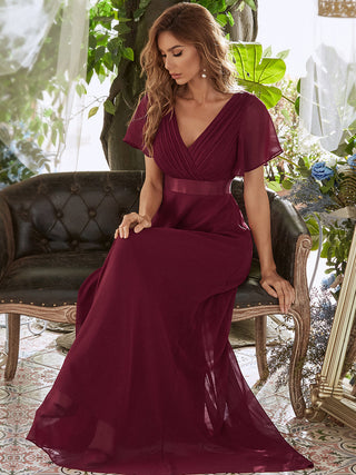 Commercial Short Sleeve Ruffle V-Neck Pleated A-Line Floor Length Bridesmaid Dresses