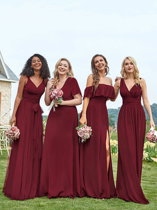 Commercial Short Sleeve Ruffle V-Neck Pleated A-Line Floor Length Bridesmaid Dresses