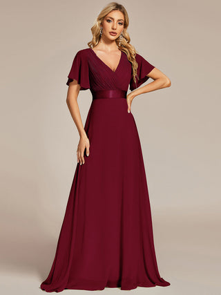 Commercial Short Sleeve Ruffle V-Neck Pleated A-Line Floor Length Bridesmaid Dresses