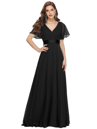 Commercial Short Sleeve Ruffle V-Neck Pleated A-Line Floor Length Bridesmaid Dresses