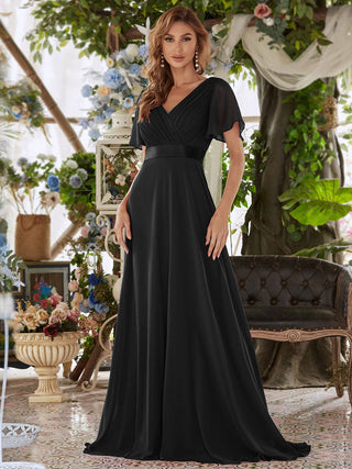 Commercial Short Sleeve Ruffle V-Neck Pleated A-Line Floor Length Bridesmaid Dresses