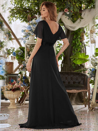 Commercial Short Sleeve Ruffle V-Neck Pleated A-Line Floor Length Bridesmaid Dresses