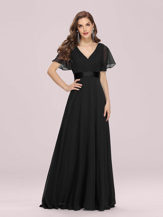 Commercial Short Sleeve Ruffle V-Neck Pleated A-Line Floor Length Bridesmaid Dresses