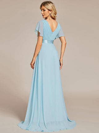 Commercial Short Sleeve Ruffle V-Neck Pleated A-Line Floor Length Bridesmaid Dresses