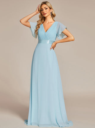 Commercial Short Sleeve Ruffle V-Neck Pleated A-Line Floor Length Bridesmaid Dresses