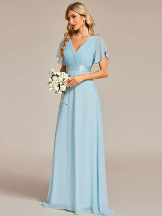 Commercial Short Sleeve Ruffle V-Neck Pleated A-Line Floor Length Bridesmaid Dresses
