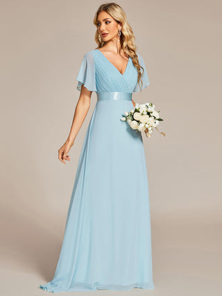Commercial Short Sleeve Ruffle V-Neck Pleated A-Line Floor Length Bridesmaid Dresses