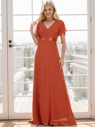 Commercial Short Sleeve Ruffle V-Neck Pleated A-Line Floor Length Bridesmaid Dresses