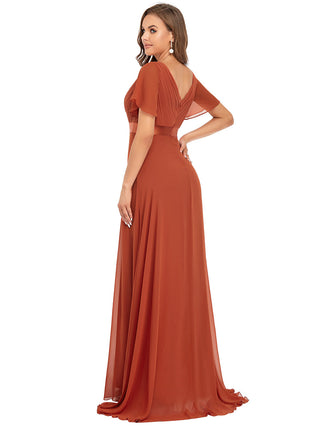 Commercial Short Sleeve Ruffle V-Neck Pleated A-Line Floor Length Bridesmaid Dresses