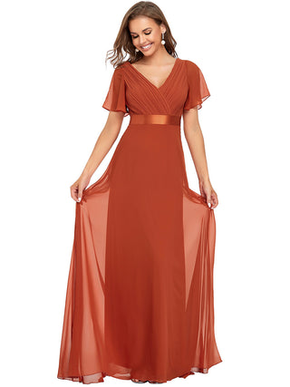 Commercial Short Sleeve Ruffle V-Neck Pleated A-Line Floor Length Bridesmaid Dresses