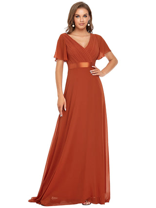 Commercial Short Sleeve Ruffle V-Neck Pleated A-Line Floor Length Bridesmaid Dresses