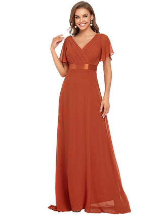 Commercial Short Sleeve Ruffle V-Neck Pleated A-Line Floor Length Bridesmaid Dresses