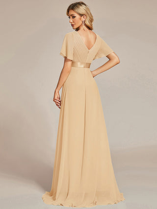 Commercial Short Sleeve Ruffle V-Neck Pleated A-Line Floor Length Bridesmaid Dresses