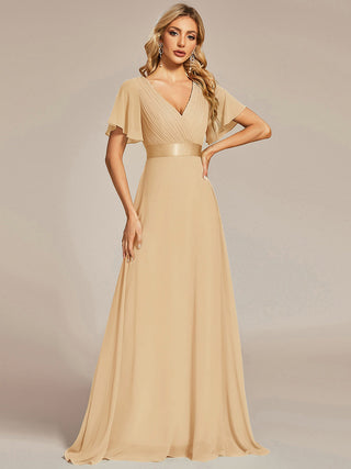 Commercial Short Sleeve Ruffle V-Neck Pleated A-Line Floor Length Bridesmaid Dresses