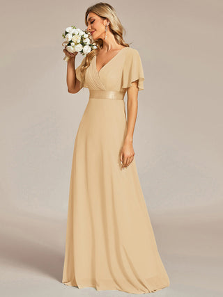 Commercial Short Sleeve Ruffle V-Neck Pleated A-Line Floor Length Bridesmaid Dresses