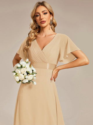 Commercial Short Sleeve Ruffle V-Neck Pleated A-Line Floor Length Bridesmaid Dresses