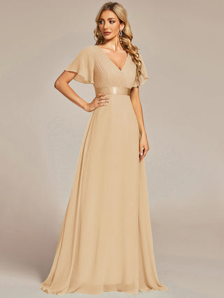 Commercial Short Sleeve Ruffle V-Neck Pleated A-Line Floor Length Bridesmaid Dresses