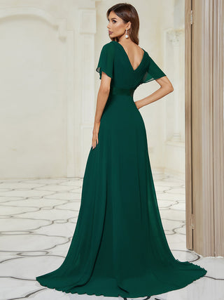 Commercial Short Sleeve Ruffle V-Neck Pleated A-Line Floor Length Bridesmaid Dresses