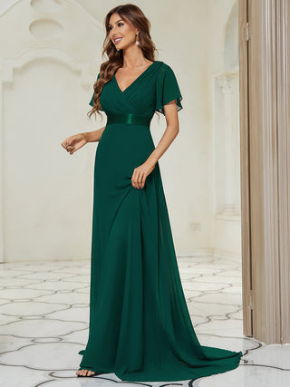 Commercial Short Sleeve Ruffle V-Neck Pleated A-Line Floor Length Bridesmaid Dresses