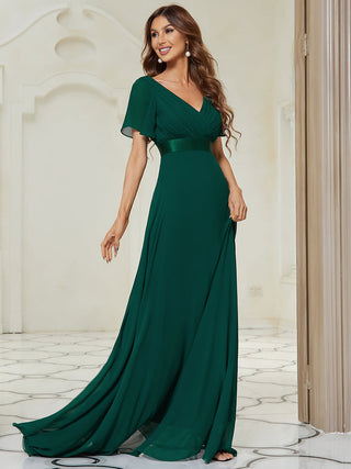 Commercial Short Sleeve Ruffle V-Neck Pleated A-Line Floor Length Bridesmaid Dresses