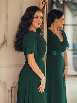 Commercial Short Sleeve Ruffle V-Neck Pleated A-Line Floor Length Bridesmaid Dresses
