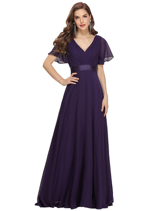 Commercial Short Sleeve Ruffle V-Neck Pleated A-Line Floor Length Bridesmaid Dresses
