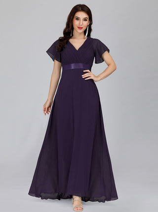 Commercial Short Sleeve Ruffle V-Neck Pleated A-Line Floor Length Bridesmaid Dresses