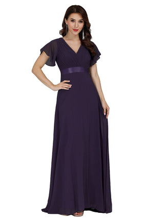 Commercial Short Sleeve Ruffle V-Neck Pleated A-Line Floor Length Bridesmaid Dresses