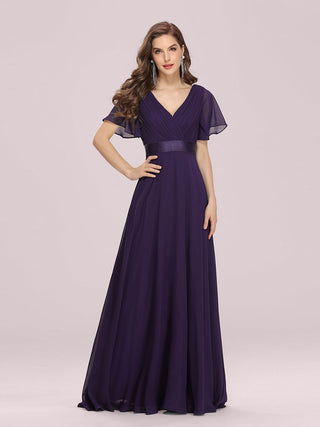 Commercial Short Sleeve Ruffle V-Neck Pleated A-Line Floor Length Bridesmaid Dresses