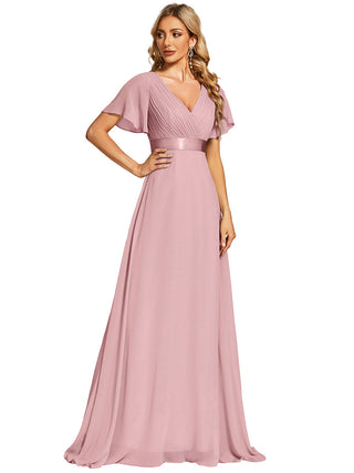 Commercial Short Sleeve Ruffle V-Neck Pleated A-Line Floor Length Bridesmaid Dresses