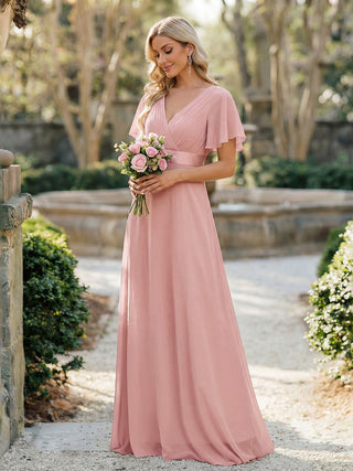 Commercial Short Sleeve Ruffle V-Neck Pleated A-Line Floor Length Bridesmaid Dresses