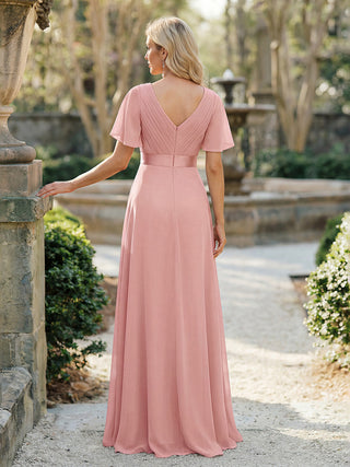 Commercial Short Sleeve Ruffle V-Neck Pleated A-Line Floor Length Bridesmaid Dresses