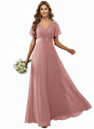 Commercial Short Sleeve Ruffle V-Neck Pleated A-Line Floor Length Bridesmaid Dresses