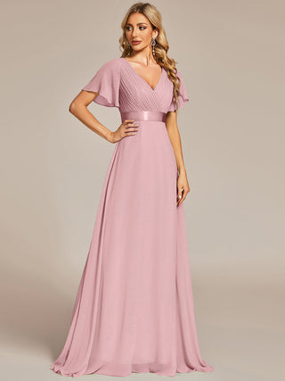 Commercial Short Sleeve Ruffle V-Neck Pleated A-Line Floor Length Bridesmaid Dresses