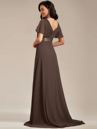 Commercial Short Sleeve Ruffle V-Neck Pleated A-Line Floor Length Bridesmaid Dresses