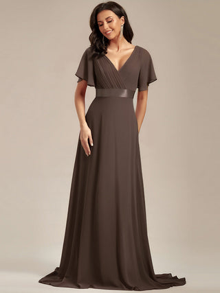 Commercial Short Sleeve Ruffle V-Neck Pleated A-Line Floor Length Bridesmaid Dresses