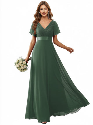 Commercial Short Sleeve Ruffle V-Neck Pleated A-Line Floor Length Bridesmaid Dresses
