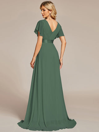 Commercial Short Sleeve Ruffle V-Neck Pleated A-Line Floor Length Bridesmaid Dresses