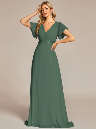 Commercial Short Sleeve Ruffle V-Neck Pleated A-Line Floor Length Bridesmaid Dresses