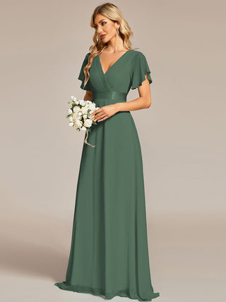 Commercial Short Sleeve Ruffle V-Neck Pleated A-Line Floor Length Bridesmaid Dresses