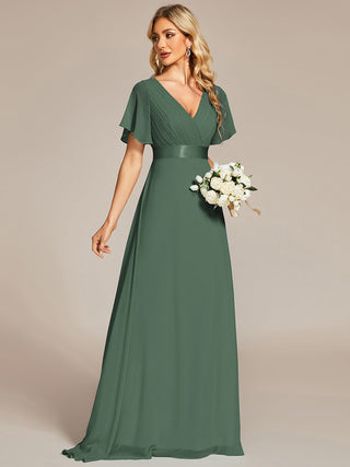 Commercial Short Sleeve Ruffle V-Neck Pleated A-Line Floor Length Bridesmaid Dresses