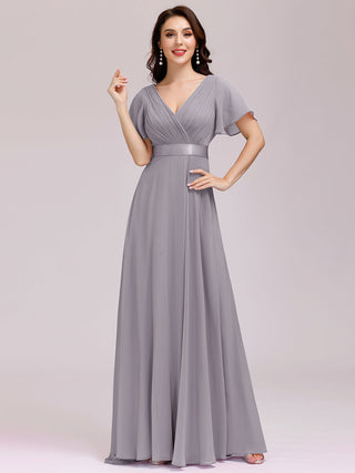 Commercial Short Sleeve Ruffle V-Neck Pleated A-Line Floor Length Bridesmaid Dresses