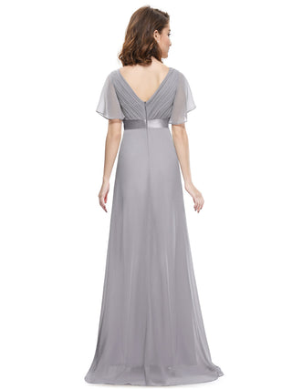 Commercial Short Sleeve Ruffle V-Neck Pleated A-Line Floor Length Bridesmaid Dresses