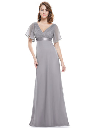 Commercial Short Sleeve Ruffle V-Neck Pleated A-Line Floor Length Bridesmaid Dresses