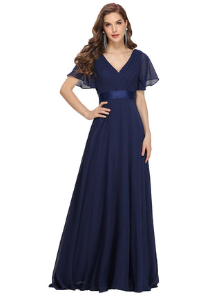 Commercial Short Sleeve Ruffle V-Neck Pleated A-Line Floor Length Bridesmaid Dresses